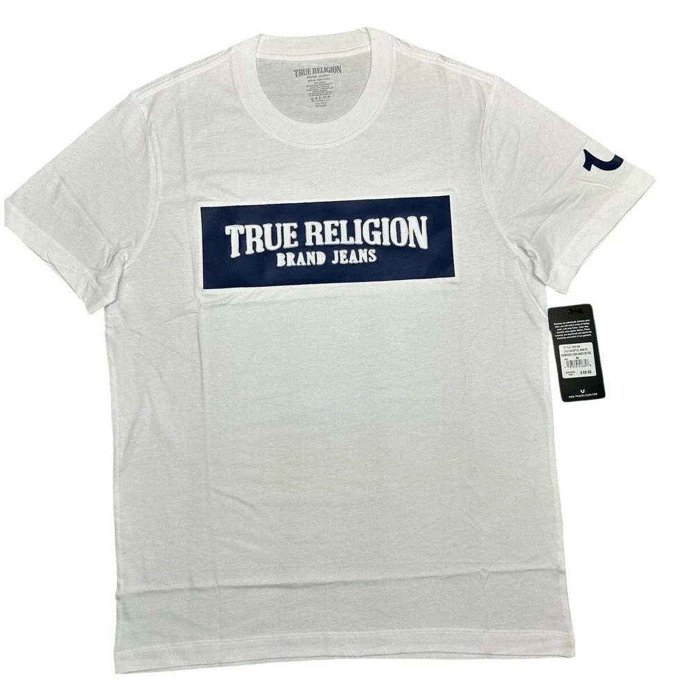 True Religion Mens Embossed Box Arch SS Tee Optic White Navy 700165 Size M NEW